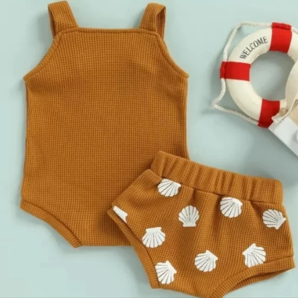Baby Girl Seashell Bodysuit High Waist Waffle Knit Short 2Pc Kid Summer Set 3-6M - Picture 3 of 7